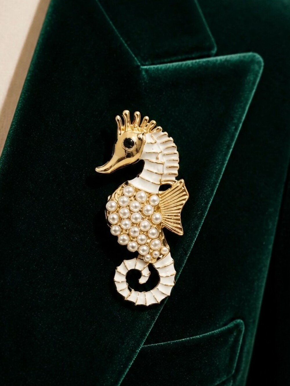 Seahorse Brooch Gold White Enamel Faux Pearl Coastal Nautical Ocean Beach Pin